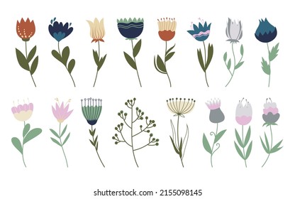 Set of summer and spring blossom flat folk flowers, isolated on white background. Floral set of decorative elements for design and decor. Springtime vector hand drawn flowers in retro vintage colors
