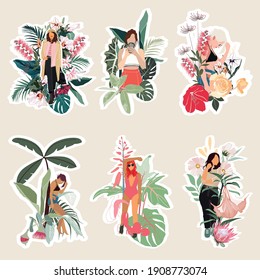 Set of summer spring cute elements. Woman on swimsuit with sunglasses, tropical leaves, ice cream, palm tree, donut etc. Illustration for postcard, poster, sticker, packiging, fabric etc .