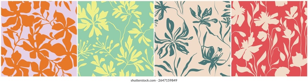 Conjunto de primavera de verão sem emenda padrões florais cores da moda tinta vetor linear conciso contrastante tinta desenho feito à mão para decoração de tecido cerâmica cartões postais, flores em fundos claros e escuros