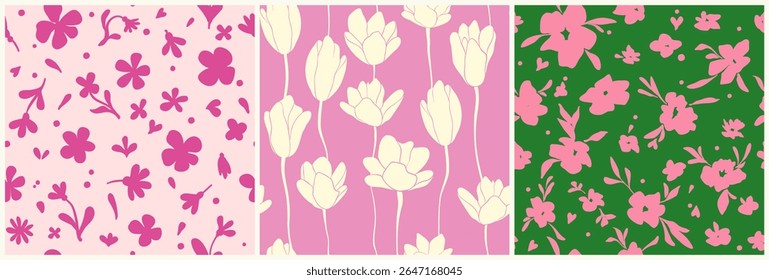 Conjunto de verão e primavera padrões florais sem costura, cores da moda, tinta, vetor linear, conciso, contrastante, desenho à mão tinta para design de tecido, cerâmica e cartões postais