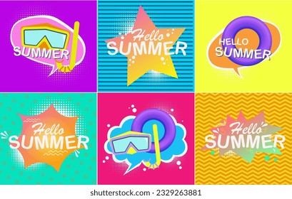 Conjunto de fondo cuadrado de verano. Logotipos coloridos, símbolos y formas abstractas en estilo pop-art. Colección Summetime.