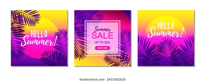 Set of summer square designs. Vector illustration. Colorful tropical poster. Social media post template