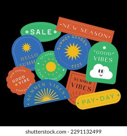 Set of summer sticker design. Collection of trendy stickers, labels, patches, tags. Retro style. Vector illustration.