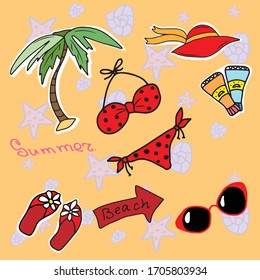A set of summer stickers, an arrow pointing to the beach, a palm tree, a swimsuit, a hat, glasses, flip-flops with flowers and tubes of cream, against a background of shells.Vector children's design .