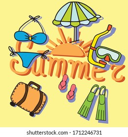 Set of summer stickers, beach umbrella, fins and mask for swimming, suitcase, swimsuit, flip-flops.Vector children's design for gliders notebooks.