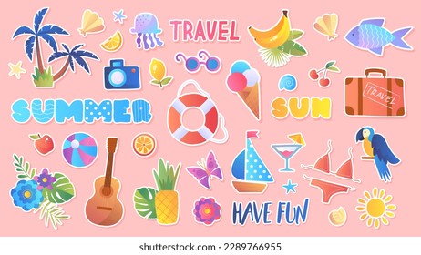 Set of summer stickers. Collection of graphic elements for site. Butterfly, swimsuit, parrot. Ice cream, watermelon, apple and pineapple. Cartoon flat vector illustrations isolated on pink background