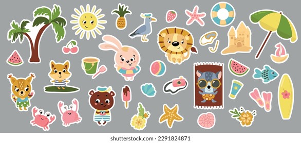 Set of summer stickers. Cute animals, fruits, flowers, sun, palm tree, etc.