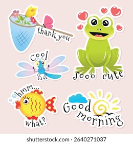 a set of summer stickers with cute animals and insects and inscriptions
