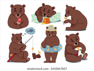 Set of Summer stickers with cute little bears. Hand-drawn colorful flat vector illustration.