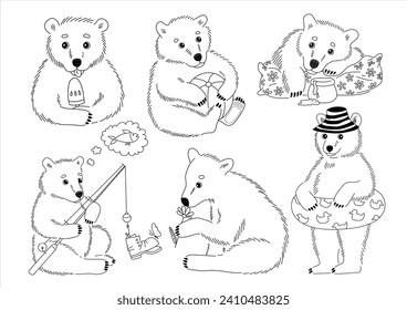Set of Summer stickers with cute little bears. Hand-drawn black and white flat vector illustration.