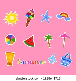 Set of summer stickers for design. Vector illustration on pink background. Beach stickers starfish, ball, sunscreen, plane, ice cream, sun.