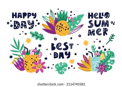 Set of summer stickers with fruits, icons with cocktail, palm leaf, flowers. Hand drawn lettering about summer time holidays. Ideal for apparel design, clothing print, poster, card