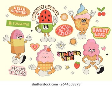 Defina adesivos de verão de personagens engraçados de sorvete, comida doce com emoções diferentes.Feliz doce kawaii sorrindo delicadeza. Elementos isolados para web, flyer, scrapbooking verão vibração, modelos. Vetor