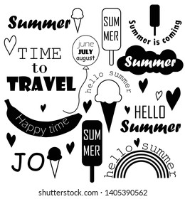 Set of summer stickers. Ice cream, banana, balloon, rainbow, cloud, hearts, words. Vector illustration.