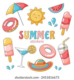 Set of summer stickers. Ice cream, popsicle, rubber ring, sun umbrella, coctail, slush, fizzy drink, sun, watermelon, hat. Beach theme. Bright icons in pink, yellow and blue palette