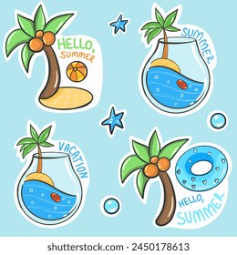 Set of summer stickers. Icons and lettering for tropical vacation 