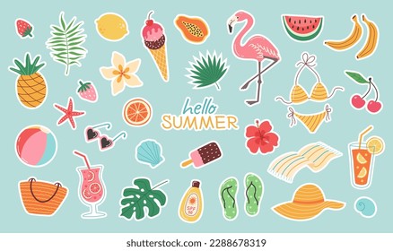 Set of summer stickers. Icons for tropical vacation. Seasonal elements collection. Flamingos, ice cream, pineapple, tropic leaves, cocktails, plumeria, watermelon, beach accessories.