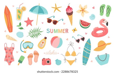 Set of summer stickers. Icons for tropical vacation. Seasonal elements collection. Flamingos; ice cream; pineapple; tropic leaves; cocktails; plumeria; watermelon; surfboard; beach accessories.