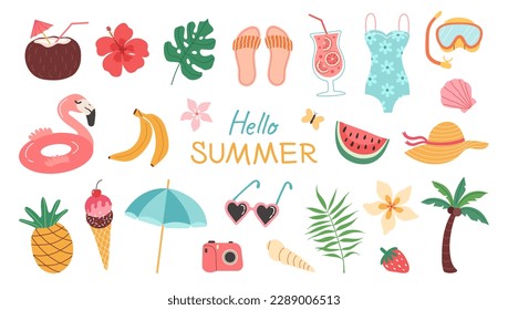 Set of summer stickers. Icons for tropical vacation. Seasonal elements collection. Flamingos, ice cream, pineapple, tropic leaves, cocktails, plumeria, watermelon, beach accessories.