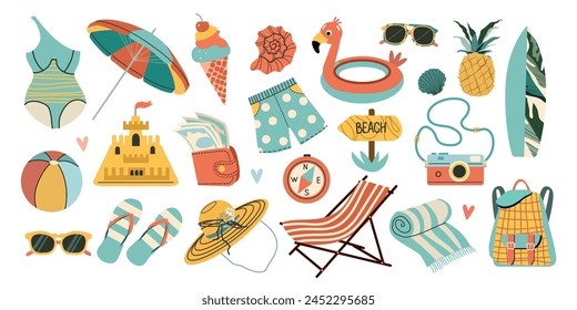 Set of summer stickers. Icons for tropical vacation. Seasonal elements collection. Icons, signs, banners. Bright summertime poster. 