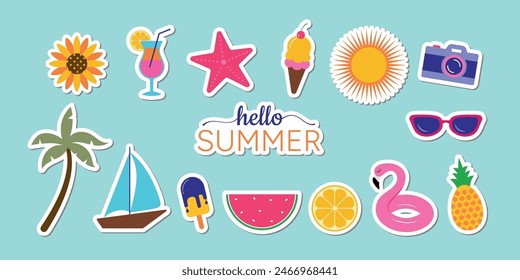 Set of summer stickers. Icons for tropical vacation. Vector illustration.