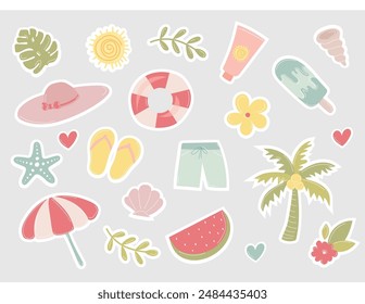 Conjunto de pegatinas de verano. Iconos de vacaciones tropicales. Colección de Elementos de temporada. Flamencos; helados; piña; hojas tropicales; cócteles; plumeria; sandía; tabla de surf; accesorios de playa.
