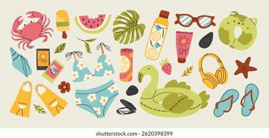 Conjunto de adesivos de verão. Ícones para férias tropicais. Coleção de elementos sazonais. Flamingos, sorvete, maiô, folhas trópicas, coquetéis, plumeria, melancia, acessórios de praia.