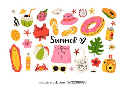 Set of summer stickers. Icons for tropical vacation. Flat vector seasonal collection with ice cream, pineapple, tropic leaves, plumeria, watermelon, surfboard, beach accessories, swimsuit