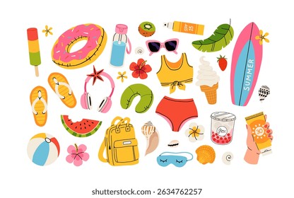 Set of summer stickers. Icons for tropical vacation. Flat vector seasonal collection with ice cream, pineapple, tropic leaves, plumeria, watermelon, surfboard, beach accessories, swimsuit