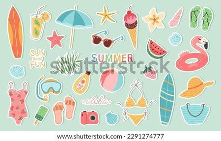 Set of summer stickers. Icons for tropical vacation. Seasonal elements collection. Flamingos; ice cream; pineapple; tropic leaves; cocktails; plumeria; watermelon; surfboard; beach accessories.
