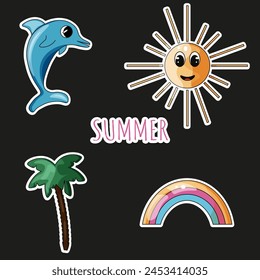 Conjunto de pegatinas de verano aislado fondo negro. Linda colección de verano. Delfín kawaii, sol, arco iris, palmera. Estética de Vector estacional. Trazo editable EPS 10