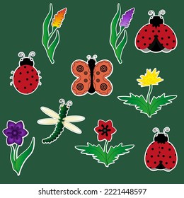 Conjunto de stickers de verano con mariposa, libélula, mariposa, jacinto, flor de maíz, amapola y león. Colección del icono de primavera con insectos y flores con contorno blanco. 