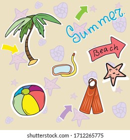 A set of summer stickers made of palm trees, guiding arrows beach, fins and mask, ball, with a background of shells.Vector children's design .rest