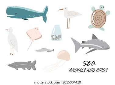 set of summer stickers. Marine theme. whales, dolphins and seagulls