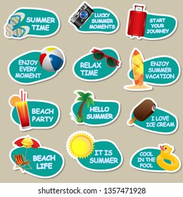 set of summer stickers on gray background