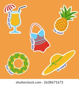 set, summer stickers on orange background, inflatable ring, cocktail, swimsuit, pineapple, straw hat, stickers, summer, vacation, sea, fruits, drinks