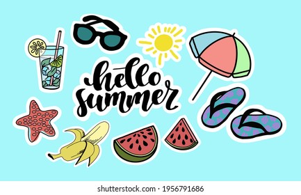 Set of summer stickers on white background. Lettering, watermelon, flipflops, banana, cocktail, sun, glasses, star, umbrella. Hand drawn converted to vector, isolated, coloured.