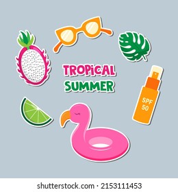 Set of summer stickers pink flamingo lifebuoy, sunscreen, dragon fruit, lime, glasses, tropical plants