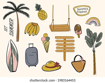 
set of summer stickers for print and design. palm tree, ice cream, rainbow, suitcase, hat, palm trees, ice cream, bag, pineapple, banana