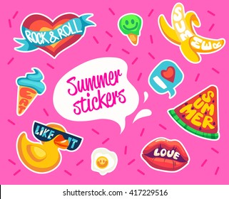 Set Of Summer Stickers. Retro Beach Emblems. 