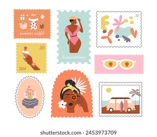 Set of summer stickers and stamps. Retro tropic aesthetic. Summet outfit, sunglasses, black woman, fruits, flowers, sunglasses. Exotic background, stamp, badge, label.