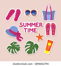 Set of summer stickers. Stylized background with summer icons. Beach accessories