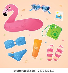 Set of summer stickers. Sunglasses, sunscreen, towel, slippers, camera instax,rubber flamingo, photo. Vector illustration EPS 10