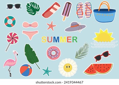 Set of summer stickers. Tropical themed icons for summer holidays. Vector collection of seasonal elements. Flamingo, ice cream, tropical leaves, sun, starfish, watermelon, beach accessories.