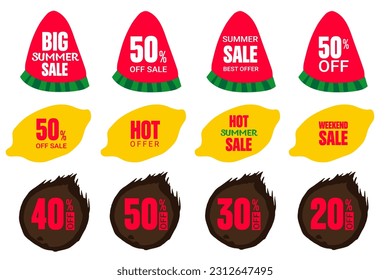 Set of summer stickers with watermelon, coconut, lemon. Elements for 50%, 40%, 30%, 20% discount tags, promotion stickers, lables, flyer, banner, button and poster design.