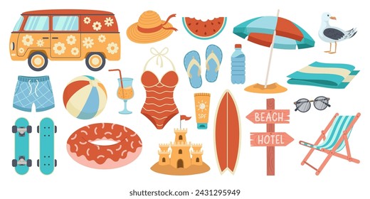 A set of summer stickers for your diary. Beach party elements collection