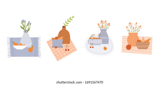 Set of summer still lifes: ceramic vases with flowers, bowls of fruit and a tablecloth with a pattern. Minimalism. Flat style. Posters, banners, postcards, invitations.