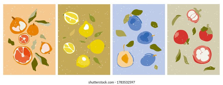 Set of summer still lifes of fruits. Hand drawn plum, mangosteen, lemon, orange, leaves. Funny cute bright organic backgrounds for social media, blogging, stories, app design, web.