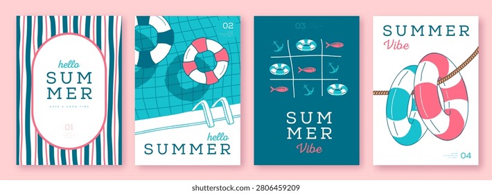 Set of summer striped sea vacation posters or covers with inflatable swim rings. Summer vibe backgrounds. Vector illustration