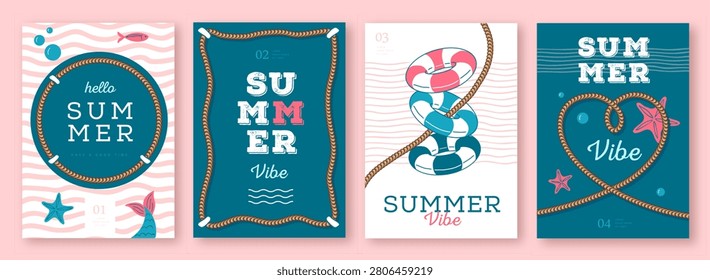 Set of summer striped sea vacation posters or covers with inflatable swim rings. Summer vibe backgrounds. Vector illustration